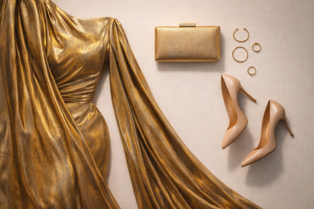 Accessories styling for metallic gold evening gown