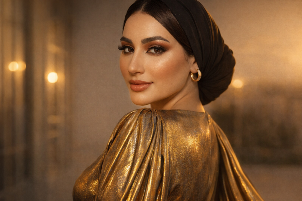 Bronze glam makeup with metallic gold gown look