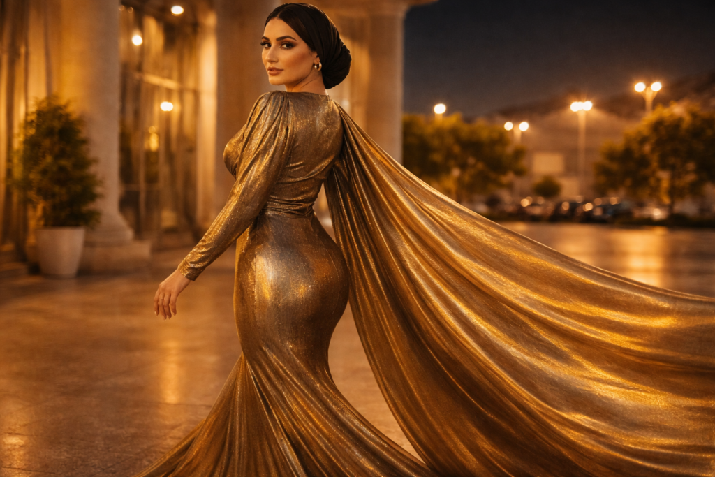 Cape style metallic gold gown flowing design 2026