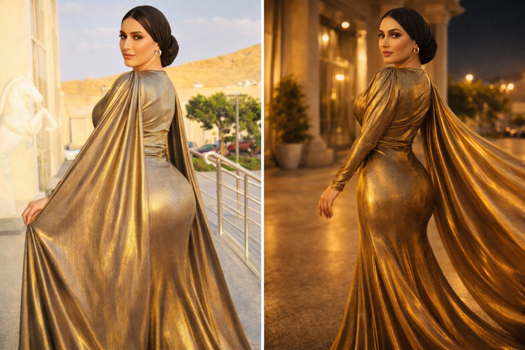 Day vs night styling metallic gold evening gown