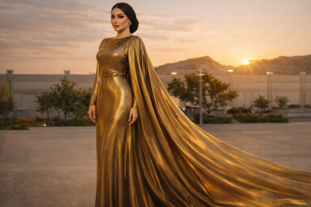 Modest metallic gold gown styling 2026 trend