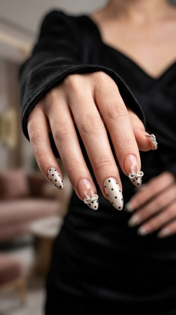 Elegant Bow Nail Art 2026 – Nude Polka Dot Nail Trend Guide 6 Almond nails elegant 202603192219