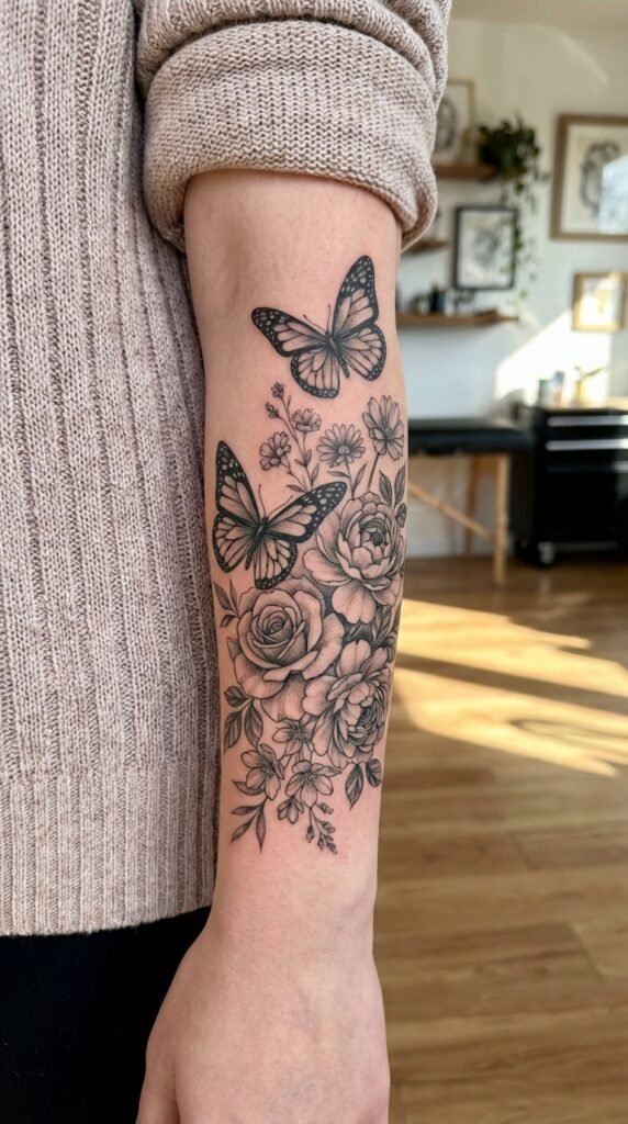 35 Elegant Tattoo Ideas for Women – Meaning & Best Placement Guide 32 Butterfly and flower tattoo women 7c9aa3fd7a