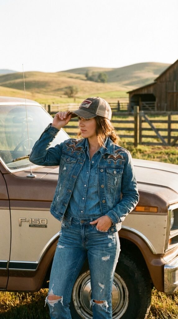 Modern Country Girl Fashion Style 2026 – Casual Western Outfit Guide for Women 7 Cowgirl adjusting hat by truck 48b5f43081