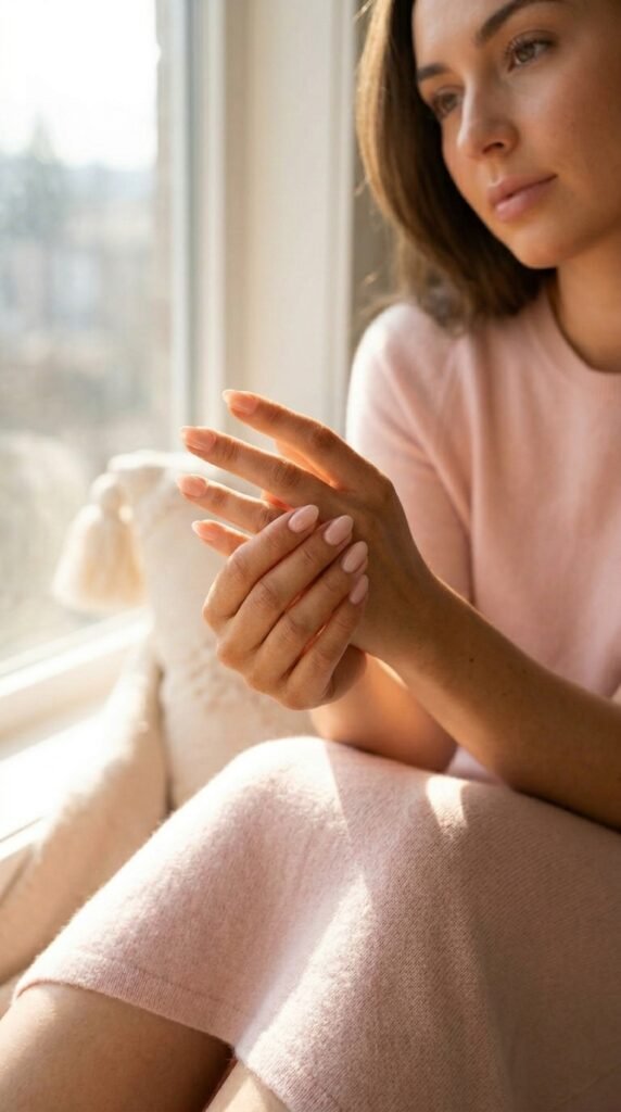 Short Almond Nails Design 2026 – Minimal & Luxury Nail Trends 4 Female model sitting 202603232109