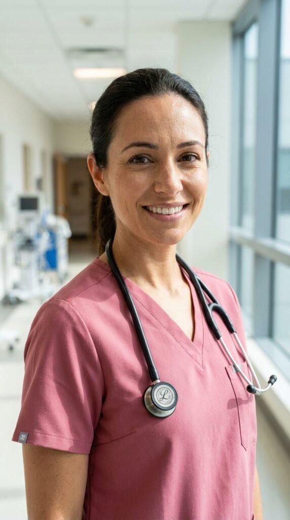 Nurse Scrubs Fashion 2026: Stylish Medical Uniform Trends for Women 2 Female nurse in pink scrubs ebb417af15