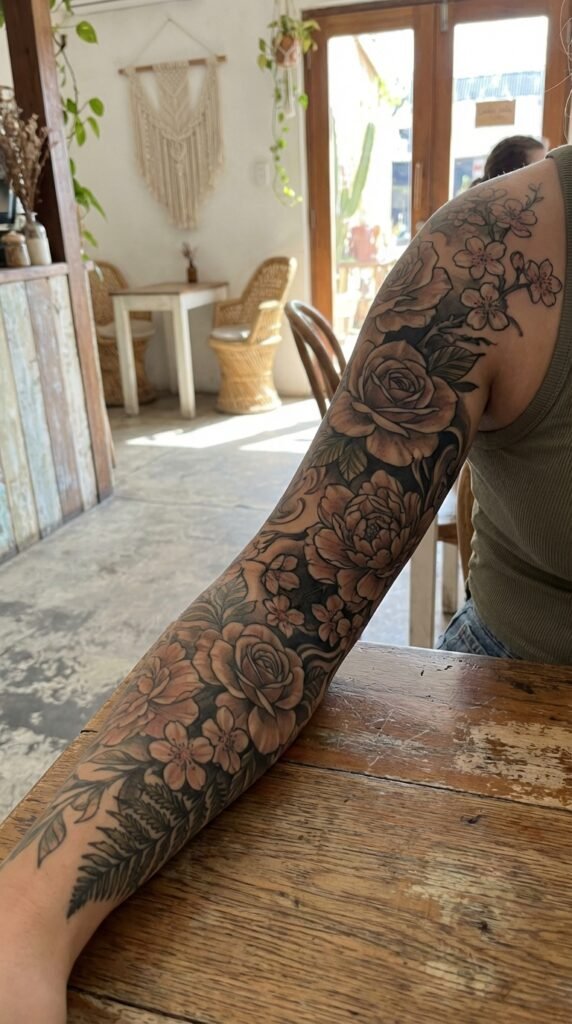 35 Elegant Tattoo Ideas for Women – Meaning & Best Placement Guide 36 Floral sleeve tattoo 280ce1029f