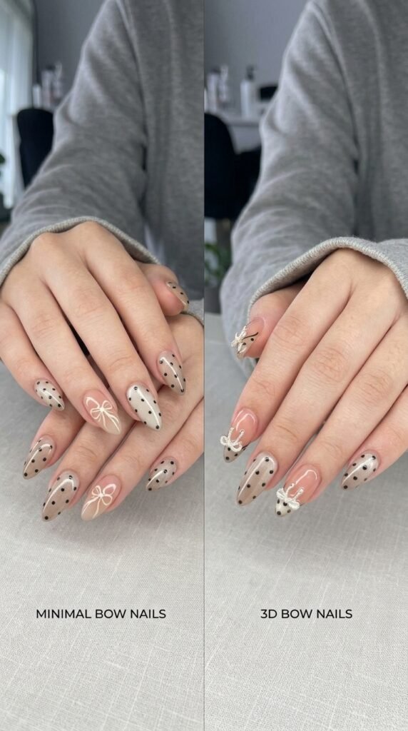 Elegant Bow Nail Art 2026 – Nude Polka Dot Nail Trend Guide 9 Hands with 3D 202603192220