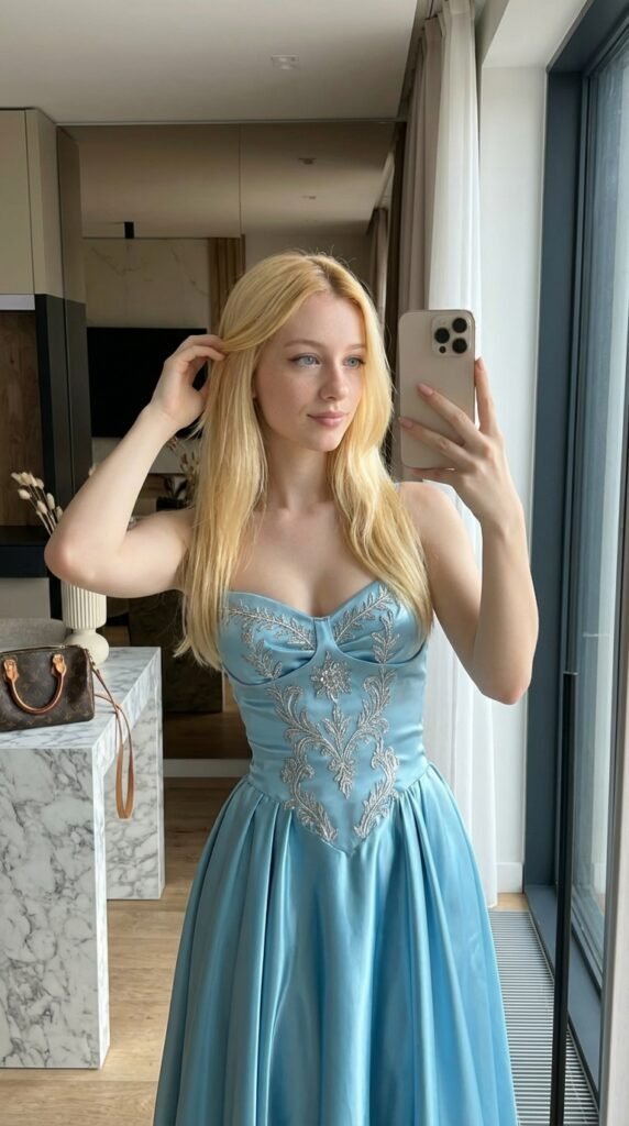 Blue Satin Dress Fashion Trend 2026 – Elegant Evening Style Guide 8 Influencer taking mirror selfie d74f62d20a