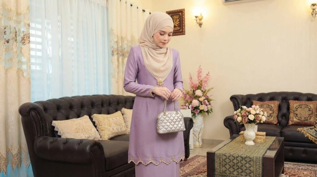 Hari Raya Modest Fashion 2026 in Malaysia: Elegant Embroidered Looks for Modern Muslim Women 5 Malaysian muslim woman adjusting small structured 39257236be