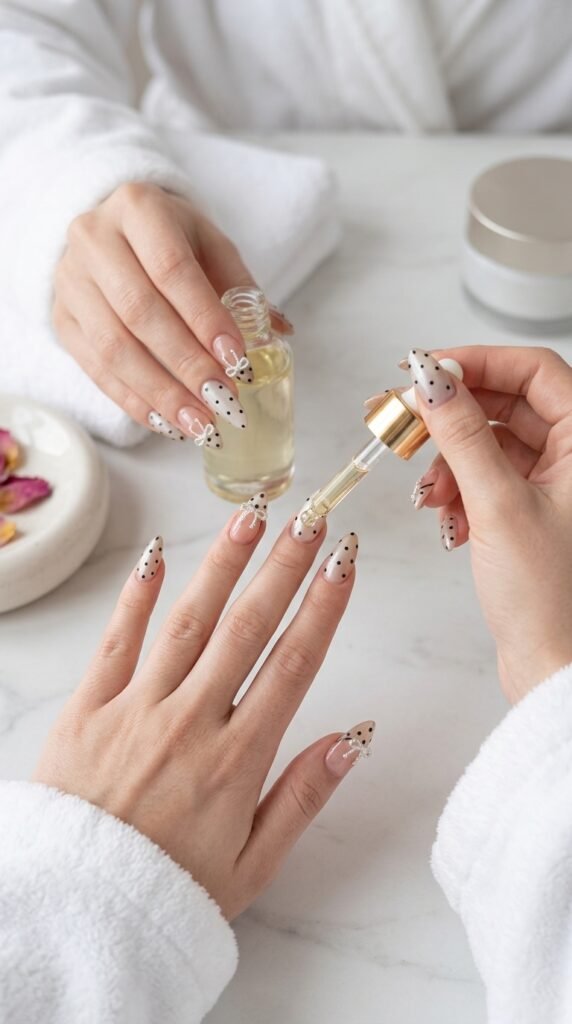 Elegant Bow Nail Art 2026 – Nude Polka Dot Nail Trend Guide 11 Model applying cuticle 202603192223