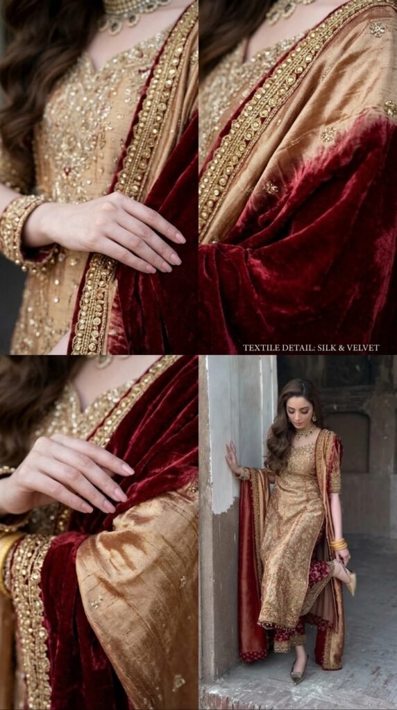 Royal Maroon and Gold Traditional Outfit Ideas 2026 – Luxury Wedding & Eid Looks 9 Model highlighting fabric 202603251213