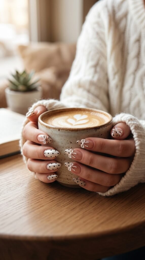 Elegant Bow Nail Art 2026 – Nude Polka Dot Nail Trend Guide 4 Model holding coffee 202603192212