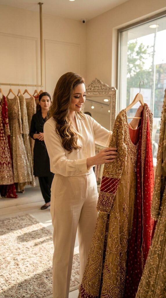 Royal Maroon and Gold Traditional Outfit Ideas 2026 – Luxury Wedding & Eid Looks 11 Model selecting dress 202603251215