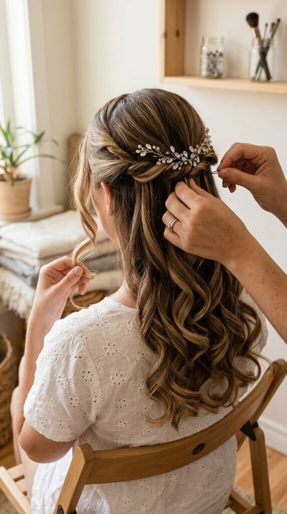 Elegant Half-Up Half-Down Hairstyle 2026 – Soft Glam Hair Trend Guide for Women 7 Model styling white 202603261343