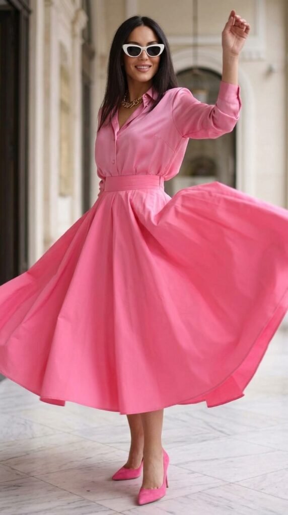 Pink Aesthetic Outfit Ideas 2026 – Elegant Midi Skirt Style 4 Model twirling in 202603232234
