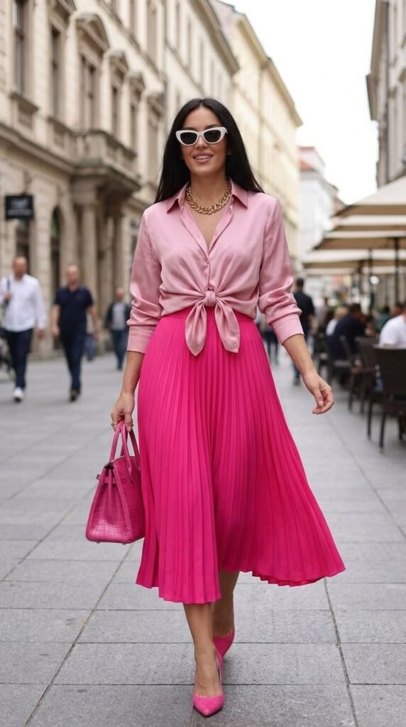 Pink Aesthetic Outfit Ideas 2026 – Elegant Midi Skirt Style 3 Model walking city 202603232233
