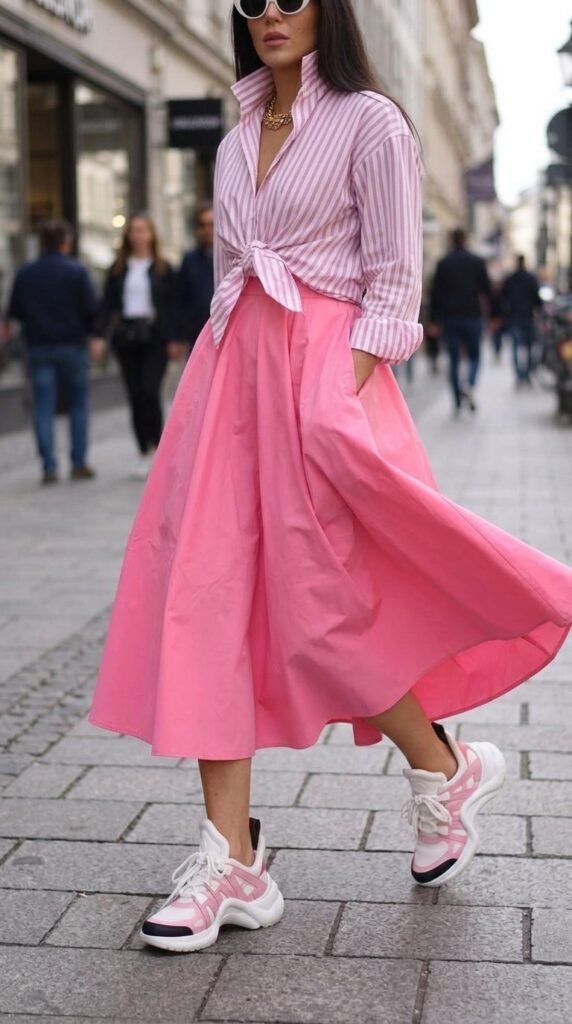 Pink Aesthetic Outfit Ideas 2026 – Elegant Midi Skirt Style 7 Model walking street 202603232236