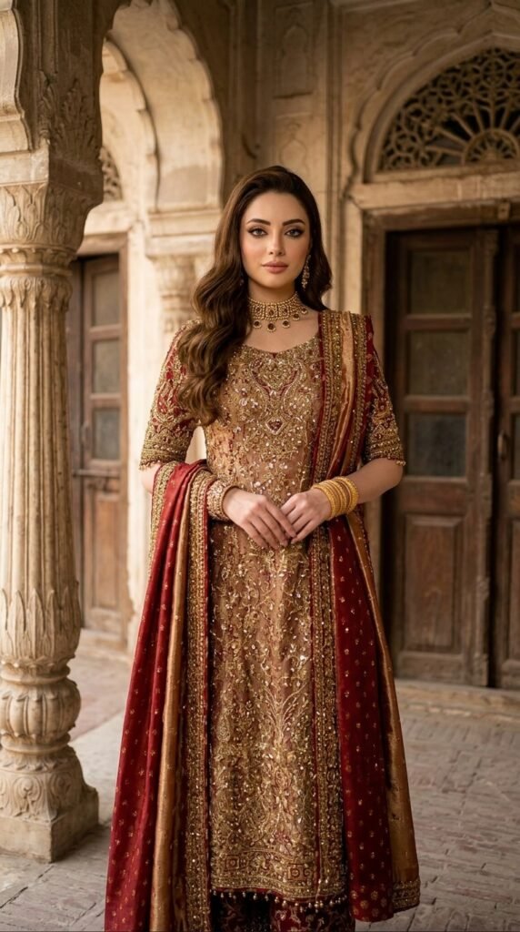 Royal Maroon and Gold Traditional Outfit Ideas 2026 – Luxury Wedding & Eid Looks 4 Model wearing embroidered 202603251207
