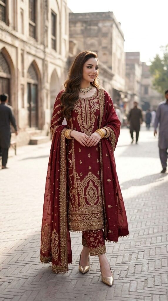 Royal Maroon and Gold Traditional Outfit Ideas 2026 – Luxury Wedding & Eid Looks 5 Model wearing shalwar 202603251206