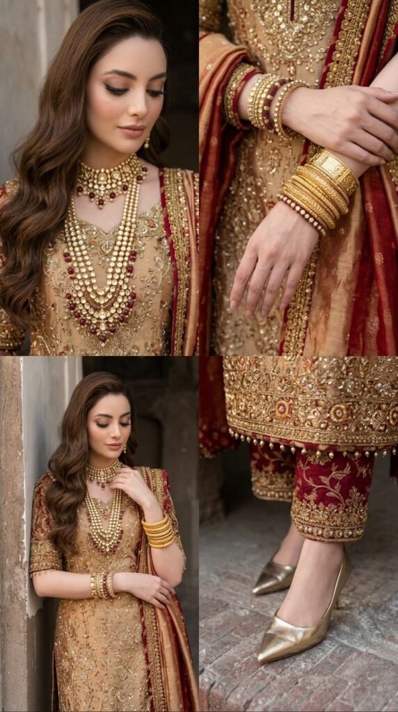 Royal Maroon and Gold Traditional Outfit Ideas 2026 – Luxury Wedding & Eid Looks 7 Model with jewelry 202603251210