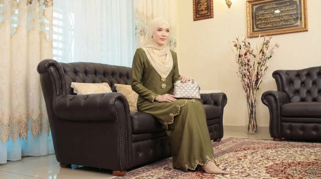 Hari Raya Modest Fashion 2026 in Malaysia: Elegant Embroidered Looks for Modern Muslim Women 4 Muslim woman sitting on sofa edf921ecda
