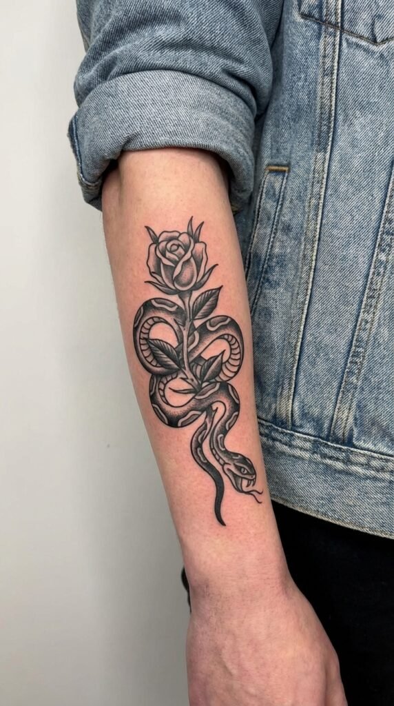 35 Elegant Tattoo Ideas for Women – Meaning & Best Placement Guide 33 Rose and snake tattoo 25dafaa2f2