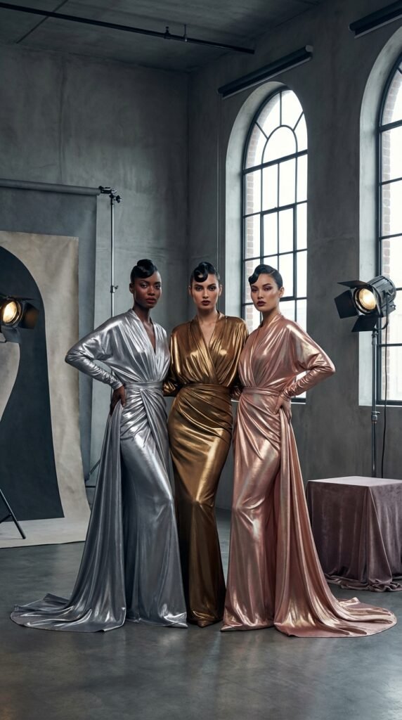 Three women metallic satin outfits a7757420b9