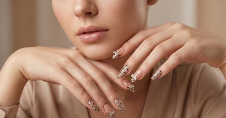 Elegant Bow Nail Art 2026 – Minimal Polka Dot Nude Nail Trend Guide