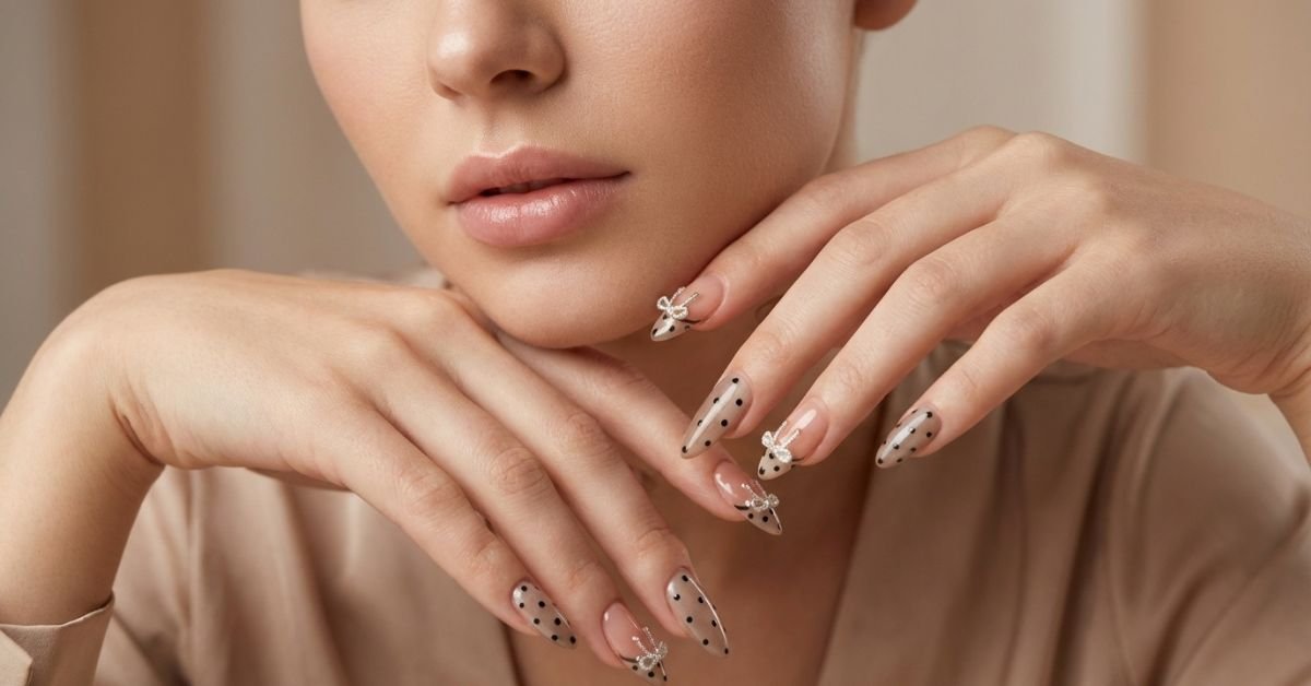 Elegant Bow Nail Art 2026 – Minimal Polka Dot Nude Nail Trend Guide
