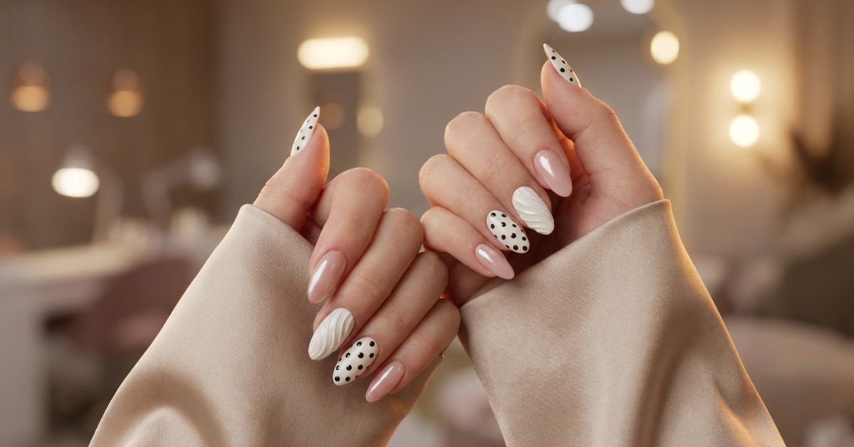 Elegant Mixed Nail Art Designs 2026 – Nude & Polka Dot Trends