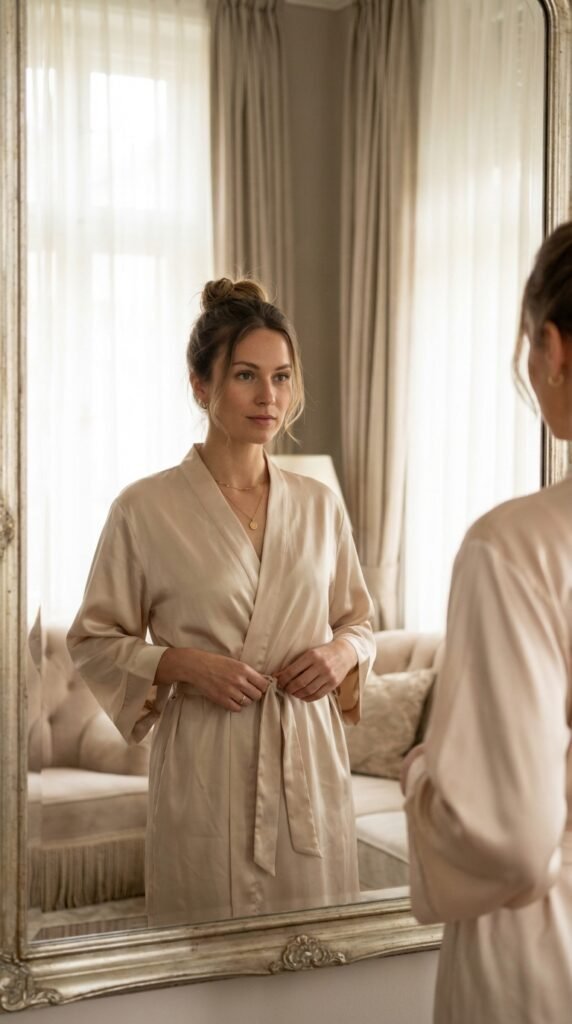 Woman adjusting robe belt mirror 69a49116cb