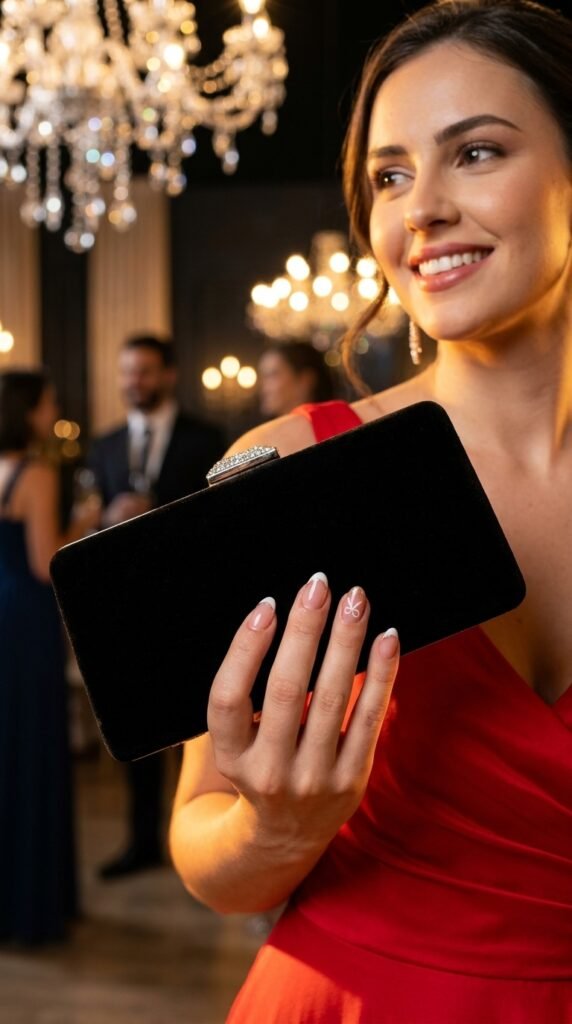 Short Almond Nails Design 2026 – Minimal & Luxury Nail Trends 9 Woman holding clutch 202603232117