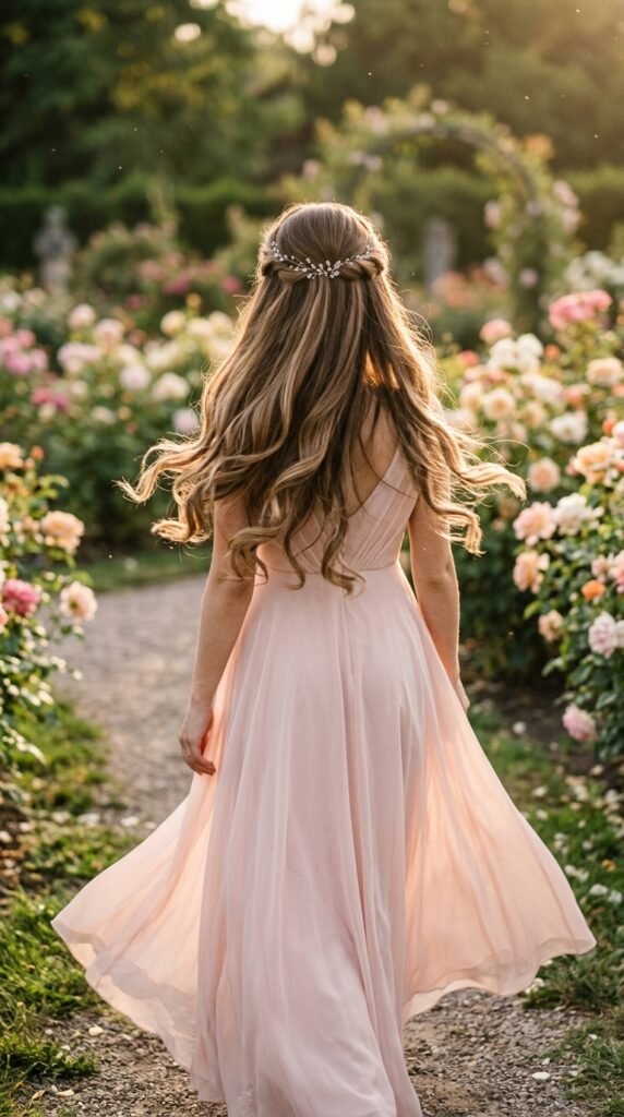 Elegant Half-Up Half-Down Hairstyle 2026 – Soft Glam Hair Trend Guide for Women 9 Woman in pink 202603261340