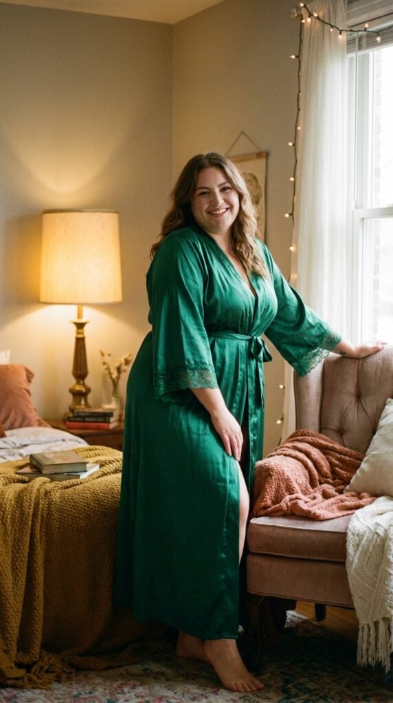 Woman modeling elegant satin robe 3151667f86