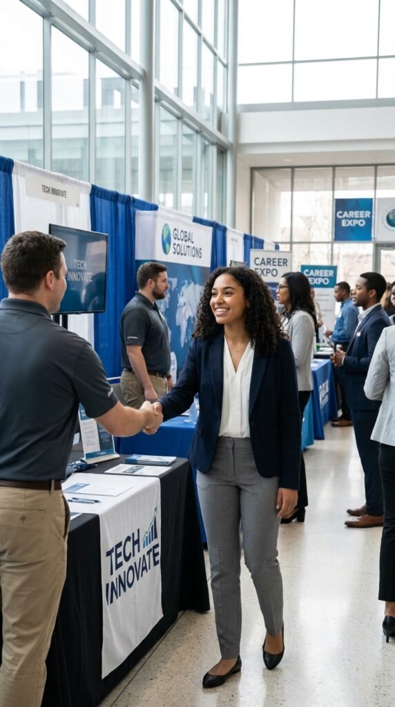 Career Fair Outfit Ideas for Women 2026 – Professional Business Casual Style 3 Woman networking at career fair f2384a4518