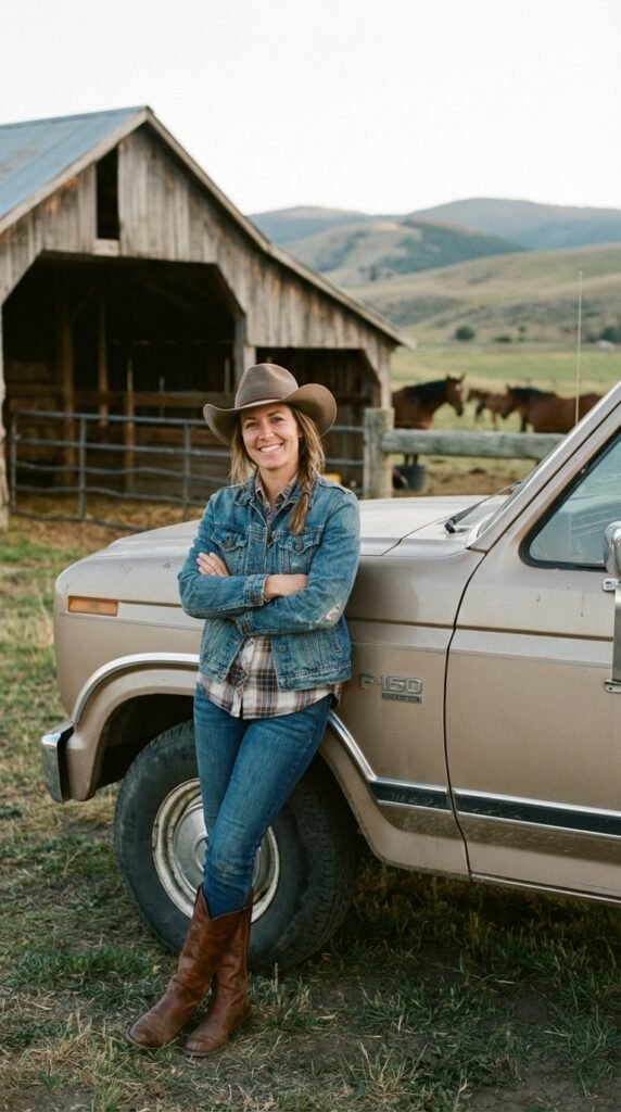 Modern Country Girl Fashion Style 2026 – Casual Western Outfit Guide for Women 8 Woman standing near ranch truck 3c6e7f77fe