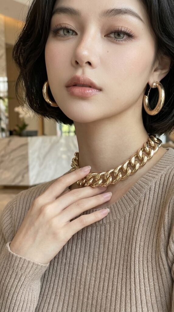 Luxury Soft Glam Beauty & Minimal Fashion Look 2026 Guide 6 Woman touching gold 202603281215