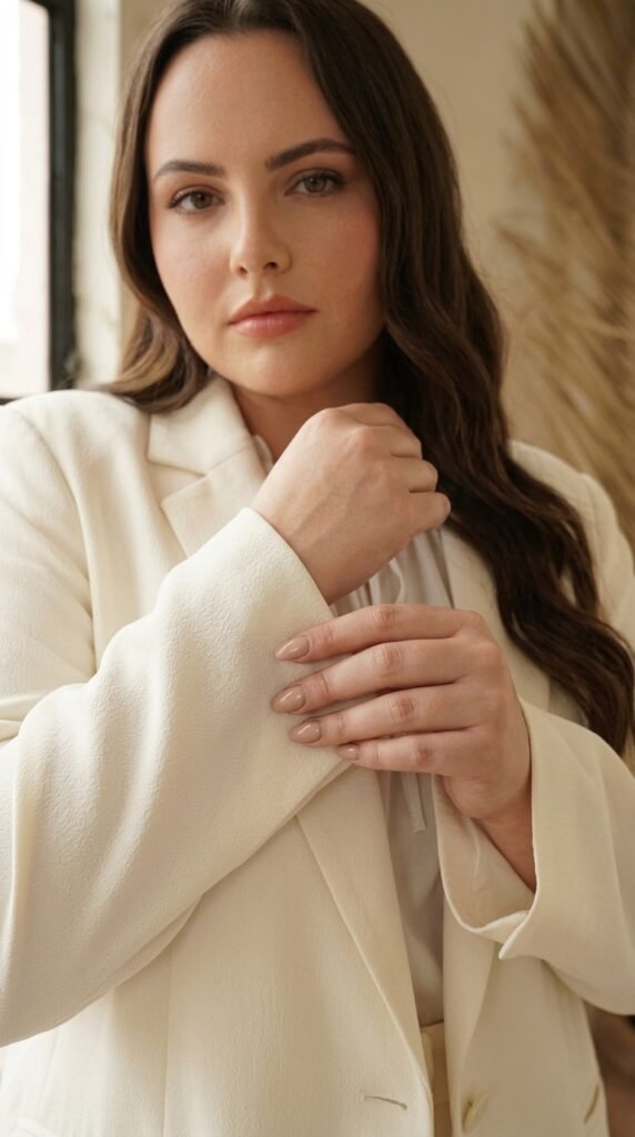 Minimalist Power Dressing for Women 2026 – Elegant Outfit Guide 26 Woman touching premium 202603231250