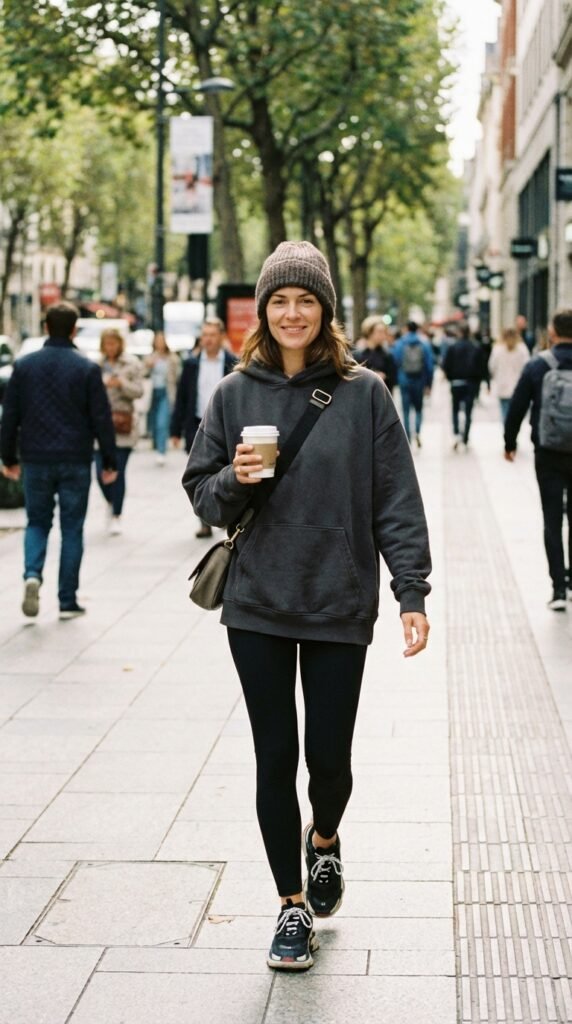 Women Athleisure Fashion Trend 2026 – Modern Gym Outfit Ideas 7 Woman walking city sidewalk coffee 74753ee08a