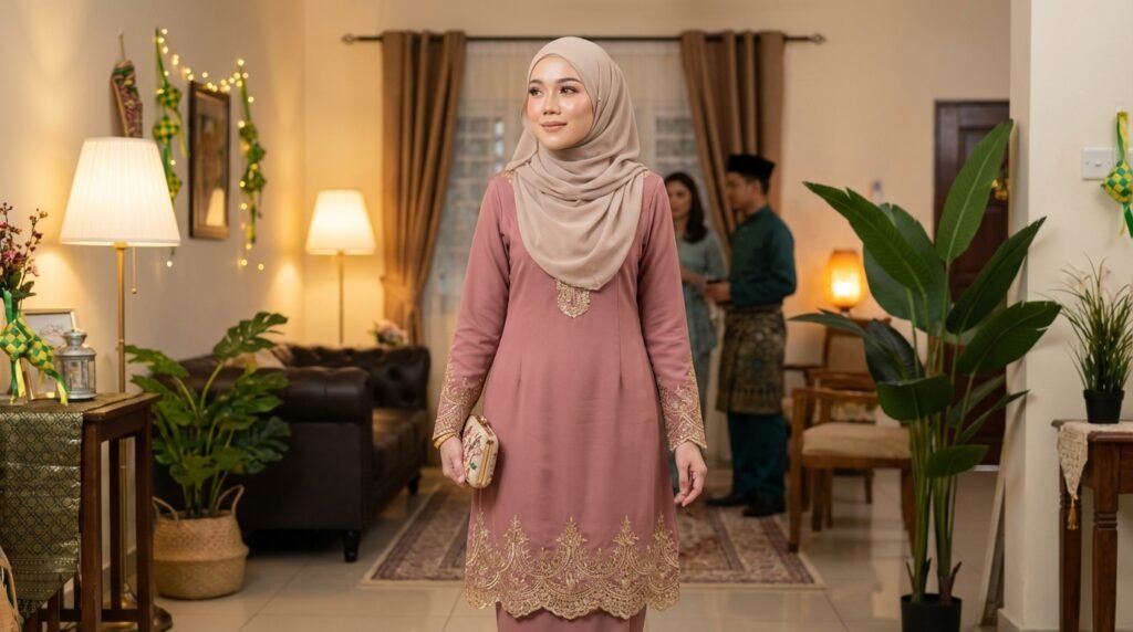 Hari Raya Modest Fashion 2026 in Malaysia: Elegant Embroidered Looks for Modern Muslim Women 2 Woman walking in modest dress 673994d462