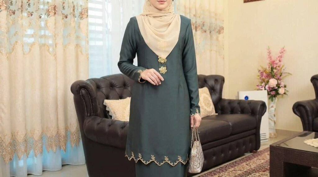 Hari Raya Modest Fashion 2026 in Malaysia: Elegant Embroidered Looks for Modern Muslim Women 6 Woman wearing green gown embroidery 3203c95e66