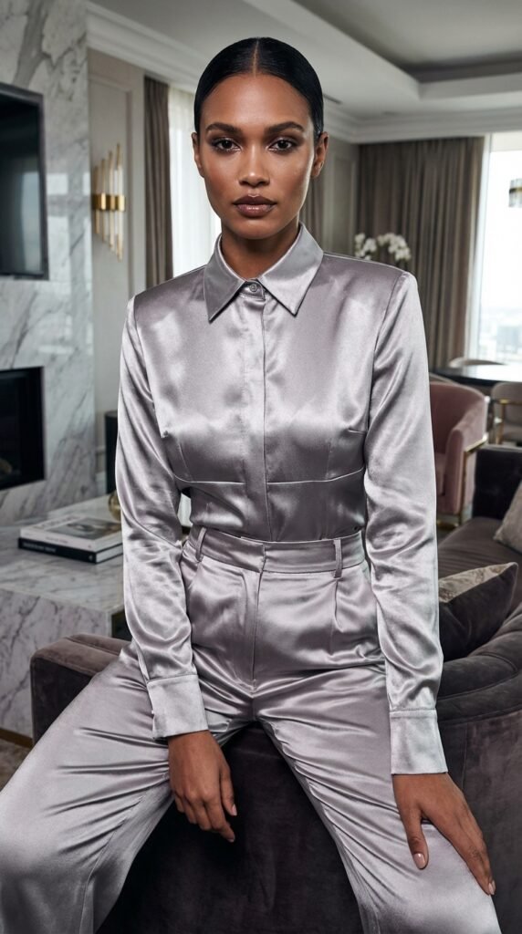 Woman wearing metallic satin blouse e3750e0601