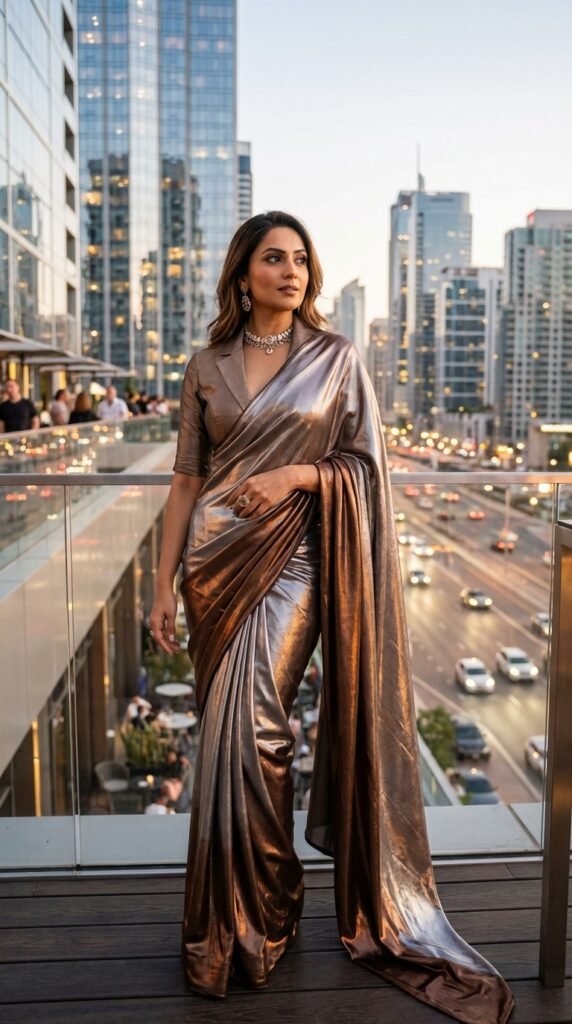 Metallic Satin Saree Fashion Trend 2026 – Elegant Glam Outfit Guide 9 Woman wearing metallic satin saree a203931785