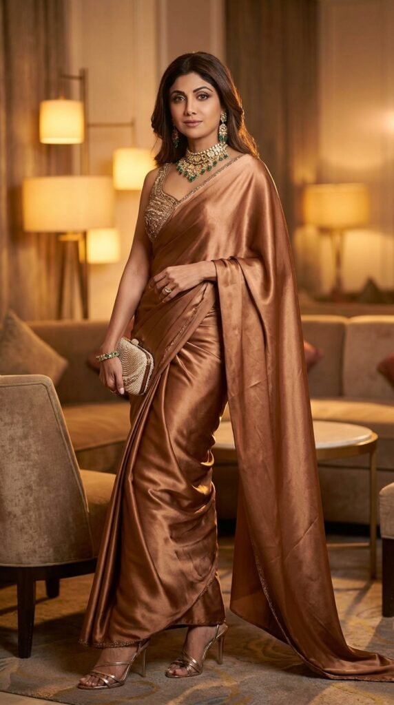 Metallic Satin Saree Fashion Trend 2026 – Elegant Glam Outfit Guide 6 Woman wearing metallic satin saree ebda1b53ee