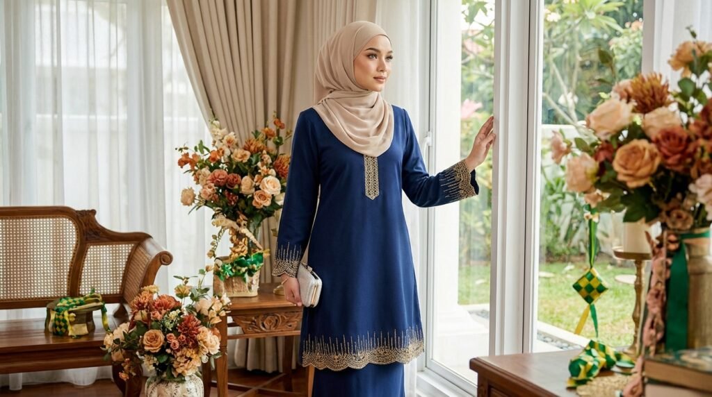 Hari Raya Modest Fashion 2026 in Malaysia: Elegant Embroidered Looks for Modern Muslim Women 3 Woman wearing navy baju kurung 44cb58b8f0