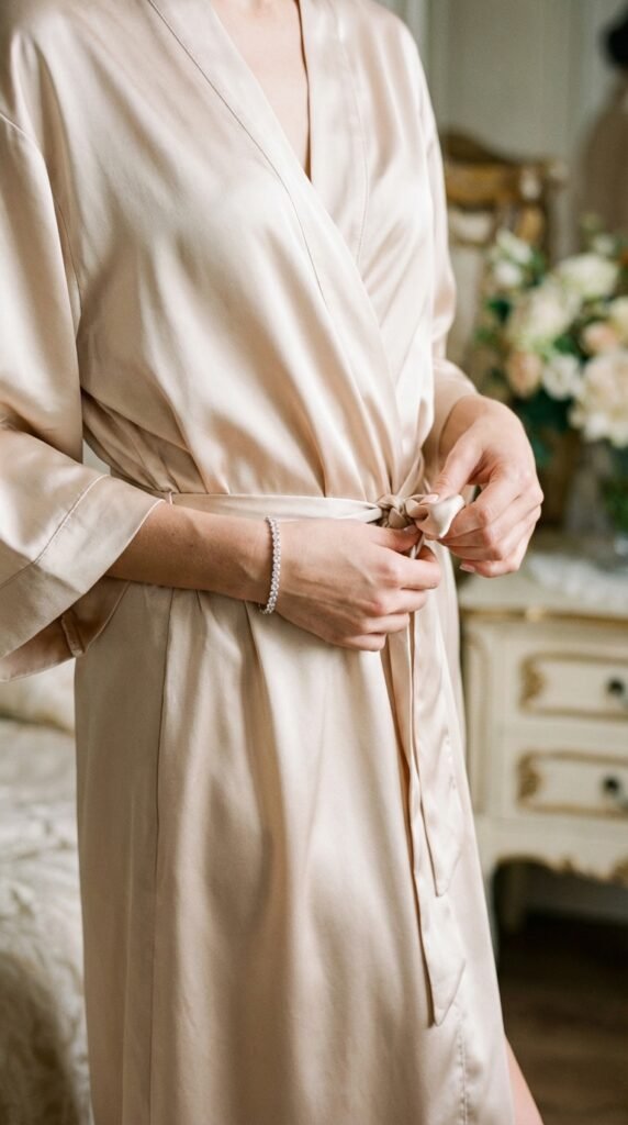 Woman wearing satin robe detail 8550d559f0