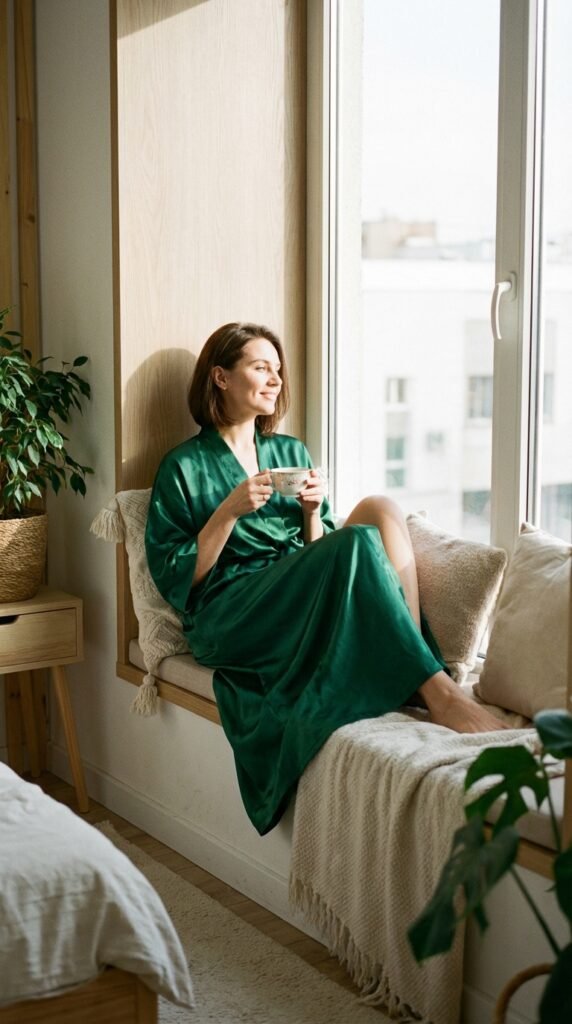 Woman wearing satin robe relaxing 03dbae4cb6