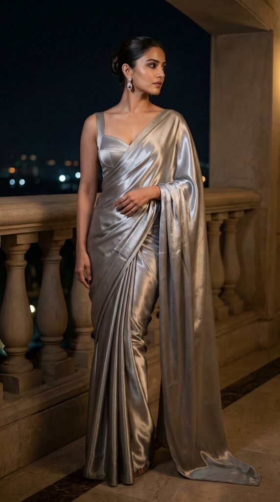 Metallic Satin Saree Fashion Trend 2026 – Elegant Glam Outfit Guide 2 Woman wearing silver saree 8be9606cdd