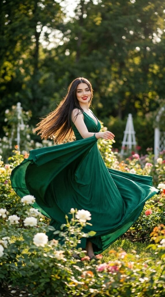 Emerald Green Dress Styling Guide 2026 – Elegant Luxury Look 6 Woman spinning in 202604020041